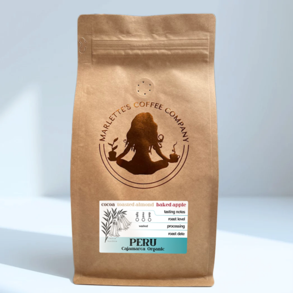 Marlette’s Peru Cajamarca Organic coffee bag with cocoa, toasted almond, and baked apple label